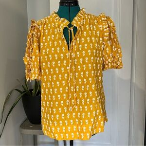 J. Crew Mustard Yellow Floral Tie-Neck Ruffle Sleeve Blouse